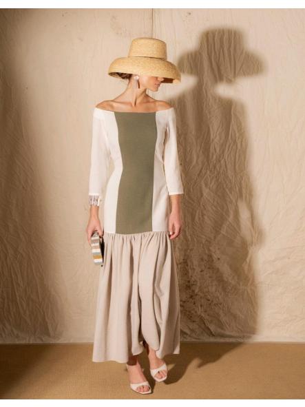 2817. VESTIDO MIDI VERDE, BEIGE y TOSTADO