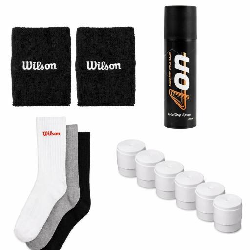 Kit Pádel PRO – 15 Overgrips Wilson Pro Lisos + Pack 2 Muñequeras + Spray 4On + Pack 3 Calcetines Wilson | Accesorios Premium para Máximo Rendimiento