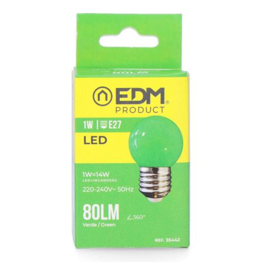 Bombilla esferica led e27 1w 80lm luz verde ø4,3x7cm edm [1]