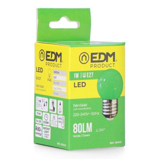 Bombilla esferica led e27 1w 80lm luz verde ø4,3x7cm edm [2]