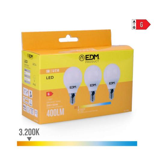 Kit 3 bombillas esfericas led e14 5w 400lm 3200k luz calida ø4,5x8cm edm