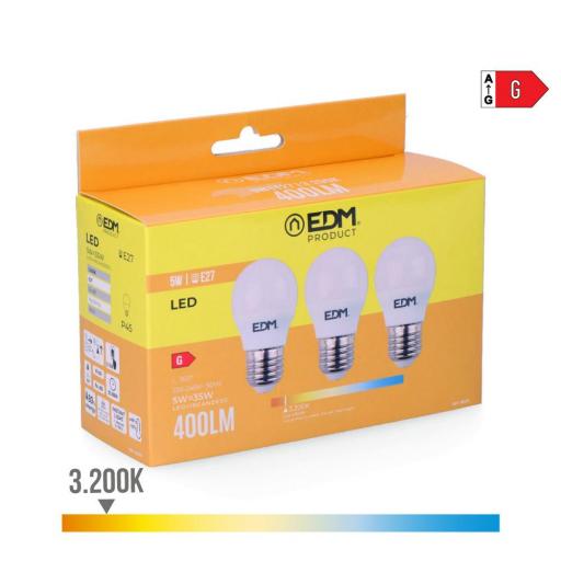 Kit 3 bombillas esfericas led e27 5w 400lm 3200k luz calida ø4,5x8cm edm [0]