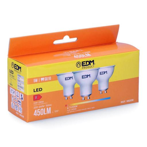 Kit 3 bombillas dicroicas led gu10 5w 450lm 3200k luz calida ø5x5,5cm edm [2]