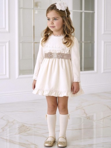 Miranda Vestido Infantil Ceremonia Beig Plumeti Cinturon Con Aplicacion Floral "Esmeralda" 0220/V [0]