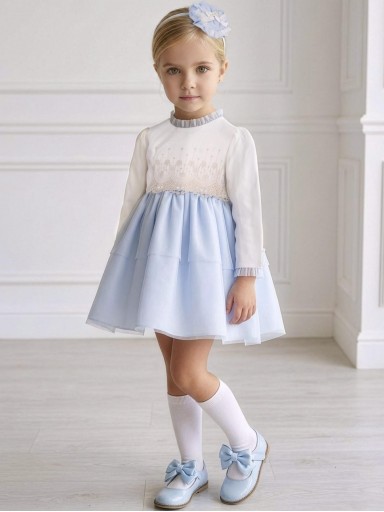 Miranda Vestido Ceremonia  Cuerpo Crudo Guipour Falda Tul Celeste "Bella" 0222/V [0]