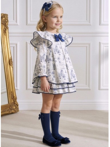 Miranda Vestido Infantil Ceremonia Blanco Estampado Azul Pliegues Lazada Azul "Raya" 0233/V [0]