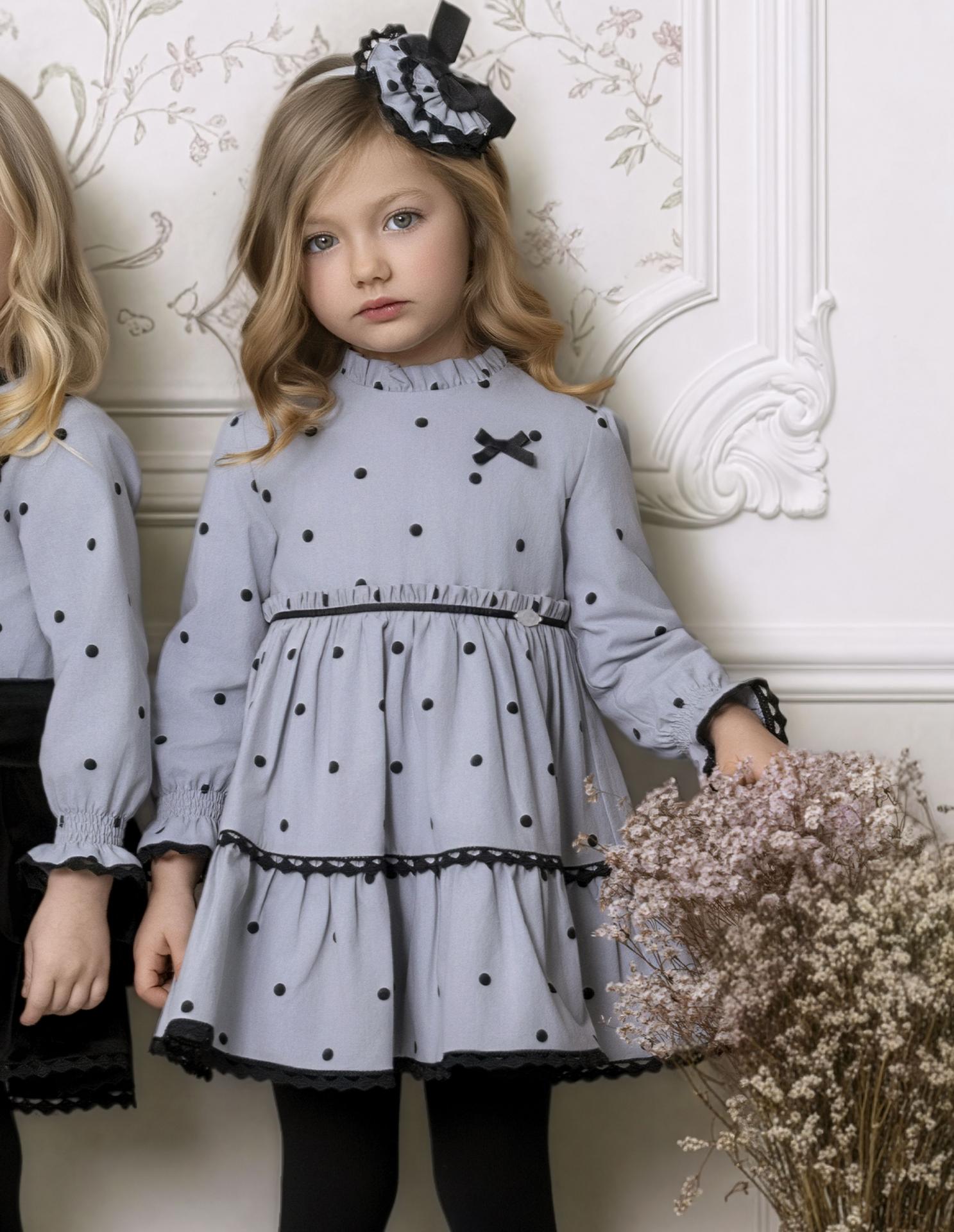 Miranda Vestido Infantil Gris Topos Negros Puntilla Lazada "Cruella" 0224/V