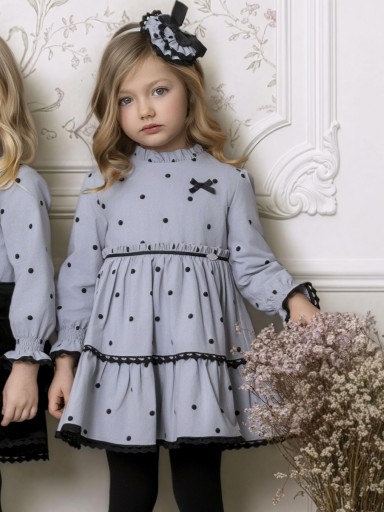 Miranda Vestido Infantil Gris Topos Negros Puntilla Lazada "Cruella" 0224/V [0]