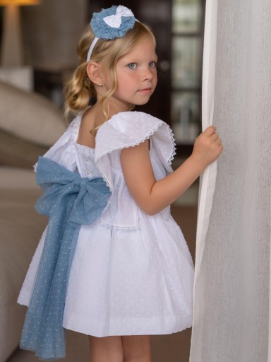 Miranda Vestido Infantil Ceremonia Plumeti Blanco lazada  Azul "Geranio" 0228/V [0]