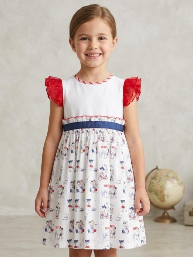 Daniesty Vestido Infantil  Vuelo Estampado Muñecas Tira Marino Volantes tul Rojo  Familia Paris 002 [0]