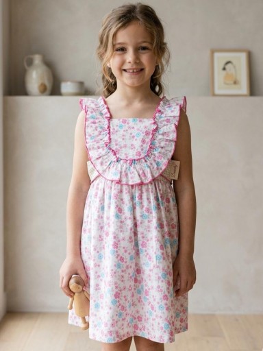 Daniesty Vestido Infantil Tirantes con Volante  Lazada Vichy Estampado Flores  Familia Dulce 002 [0]