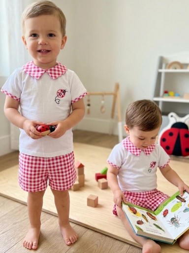 Daniesty Conjunto Bebé Camiseta Aplicación Mariquita Pantalón Corto Cuadros Vichy