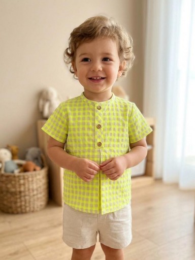 Daniesty Conjunto Bebé Camisa Cuello Mao Cuadros Vichy Flúor Pantalón Corto Crudo