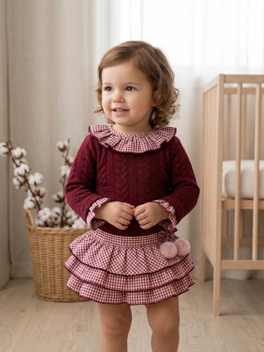 Daniesty Conjunto Sudadera Granate Volante Cuello Falda Braga Cuadro Vichy  Familia Belen 014 [0]