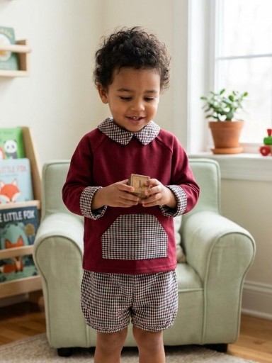Daniesty Conjunto Niño Sudadera Granate Detalles Cuadros  Pantalon Corto Cuadros  Familia Julieta 007 [0]