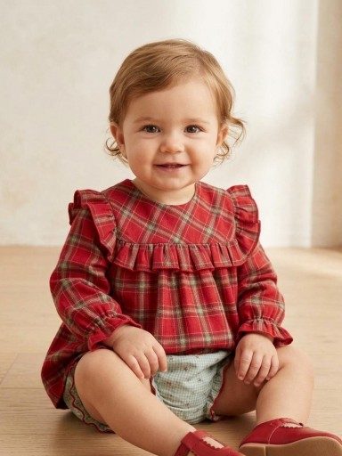 Daniesty Conjunto Bebe Camisa Cuadros Rojo Braga Cuadro Vichy Verde  Flores Familia Noel 010 [0]