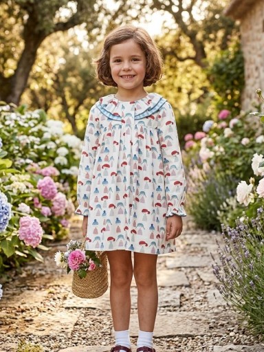Daniesty Vestido Infantil  Corte Alto Estampado Muñecos Volante Cuello Cuadros Familia Pepona 002 [1]