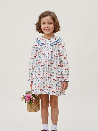 Daniesty Vestido Infantil  Corte Alto Estampado Muñecos Volante Cuello Cuadros Familia Pepona 002 [0]