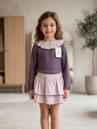 Daniesty Conjunto Infantil Camiseta Volante Cuello Malva Braga Falda Estampada Flores Familia Violeta 014