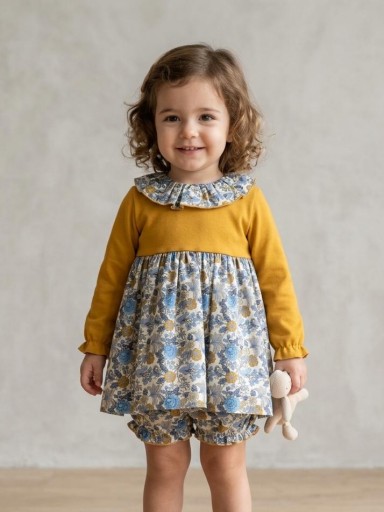 Daniesty Jesusito Bebe Vestido Cuerpo Mostaza Falda Estampado flores Azul Braguita Familia Anai 001 [0]