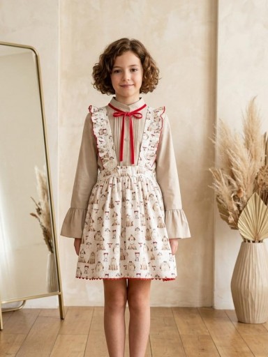 Daniesty Conjunto Blusa Crudo Lazada Roja Falda Estampada Perritos (Viene sin etiqueta)