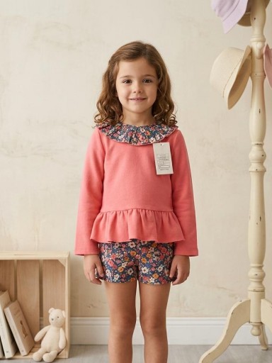 Daniesty Conjunto Sudadera Coral Cuello Estampado Short Estampado Flores Familia Corina 023