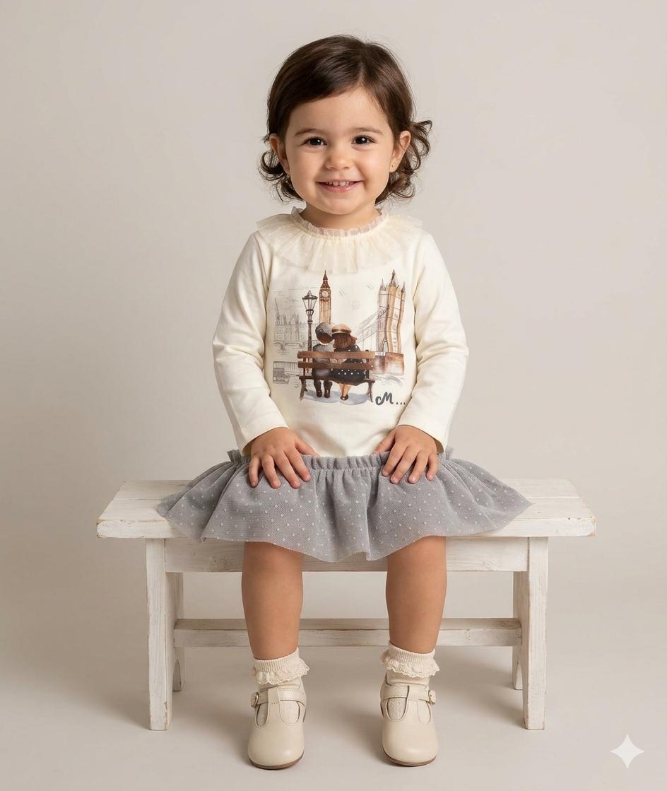 Miranda Vestido Infantil Algodón Estampado Londres Falda Gris Topos "Haven" 0237/V