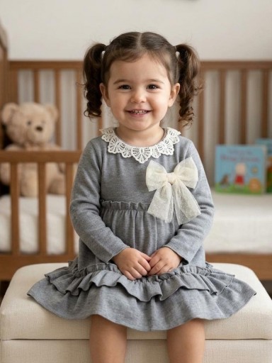 Miranda Vestido Infantil gris Lazada Tul Cuello de Puntilla "Daphne" 0235/V