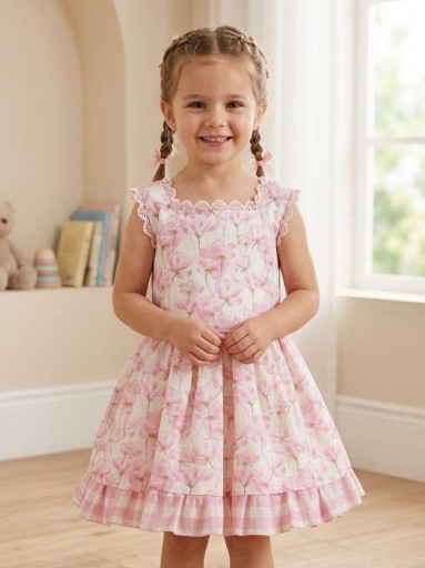 Miranda Vestido Infantil Flores y Cuadros "Rosa" 0233/V