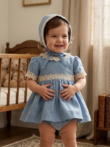  Miranda vestido bebe azul celeste puntilla blanca braguita capota "Hidra" 0139/VBG