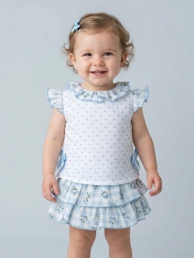 Miranda conjunto bebe  Blusa plumeti azul braguita cuadros y flores 0025/23