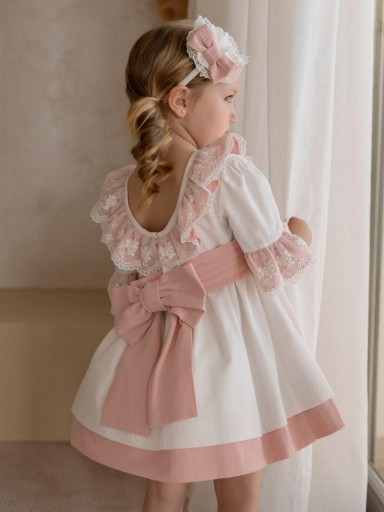 Miranda Vestido Infantil Ceremonia  Blanco Fajin Rosa Volante Puntilla "Gladiolo" 0230/V [1]