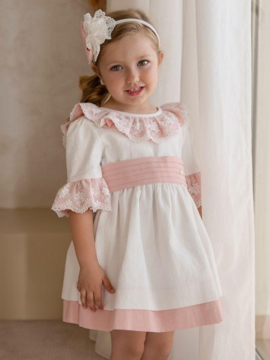 Miranda Vestido Infantil Ceremonia  Blanco Fajin Rosa Volante Puntilla "Gladiolo" 0230/V [0]