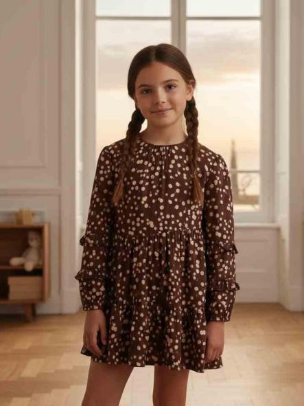 Miranda vestido marron topos corte asimétrico volantes mangas "Charlize" 0322/V