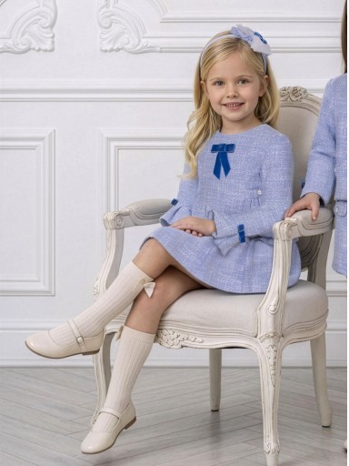 Miranda Vestido Infantil Ceremonia Tweet Azul Pliegues Lazadas Terciopelo Azul "Jane" 0234/V [0]