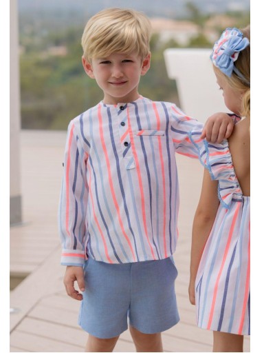 Miranda Conjunto Infantil Camisa m/l Rayas Pantalón Corto Azul "Peonía" 0244/23 [2]