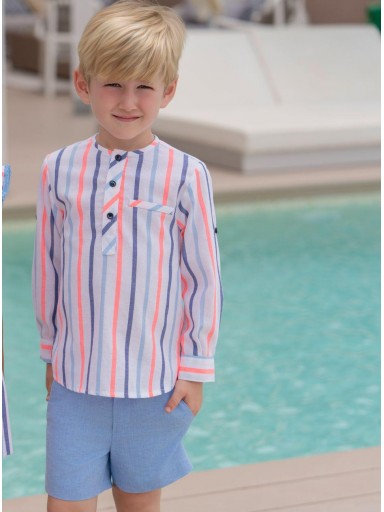 Miranda Conjunto Infantil Camisa m/l Rayas Pantalón Corto Azul "Peonía" 0244/23