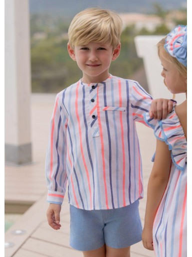 Miranda Conjunto Infantil Camisa m/l Rayas Pantalón Corto Azul "Peonía" 0244/23 [1]