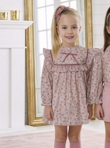 Miranda Vestido Infantil Corte Trapecio Estampado Flores Rosa Volante Lazada Terciopelo "Alicia" 0246V [0]