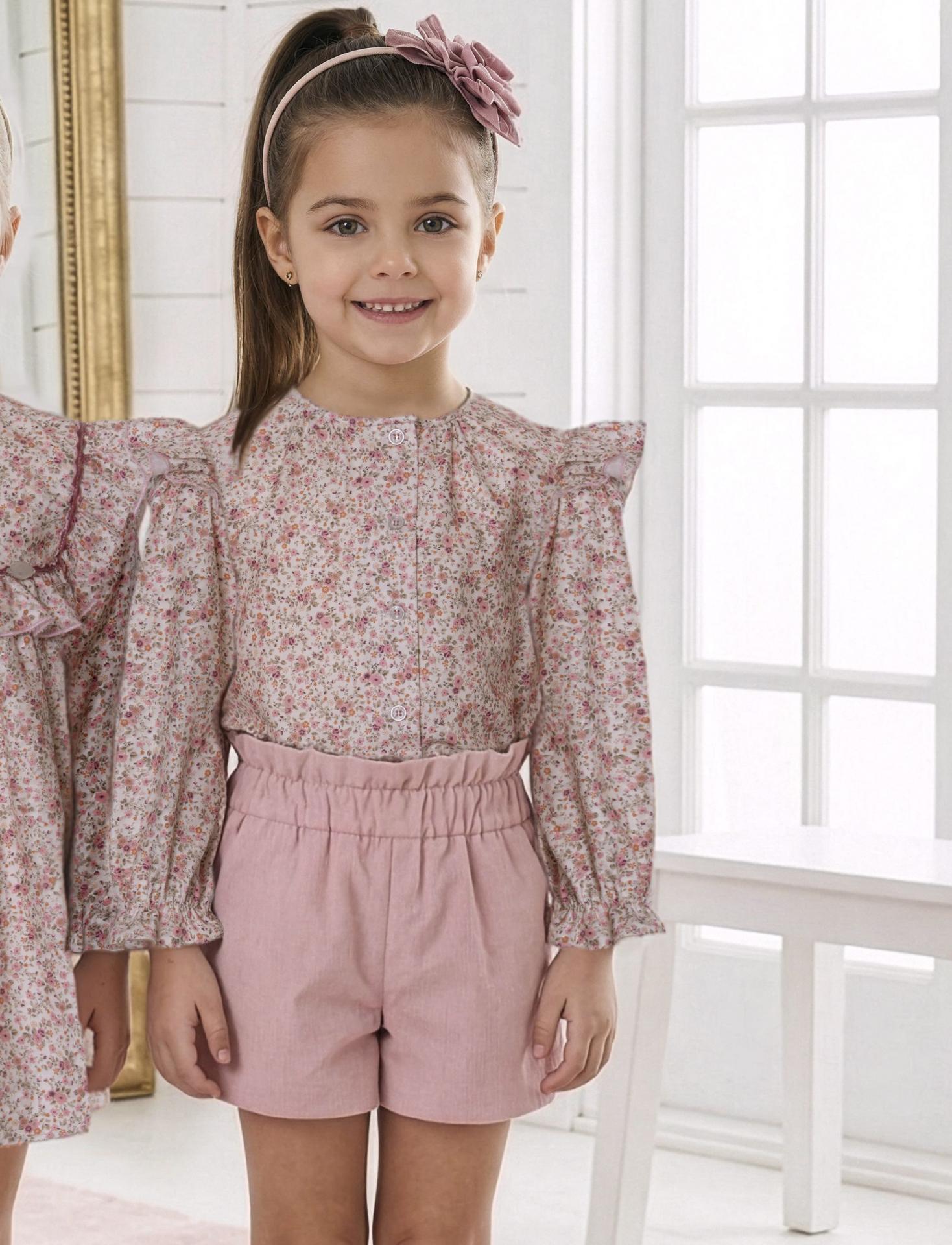 Miranda Conjunto Infantil Blusa Estampada Flores Rosa Short Rosa "Alicia" 0246/23