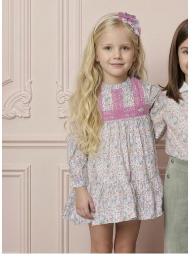Miranda Vestido Infantil Estampado Flores Rosa y Verde Tiras Puntilla Rosa "Tinker Bell" 0248/V