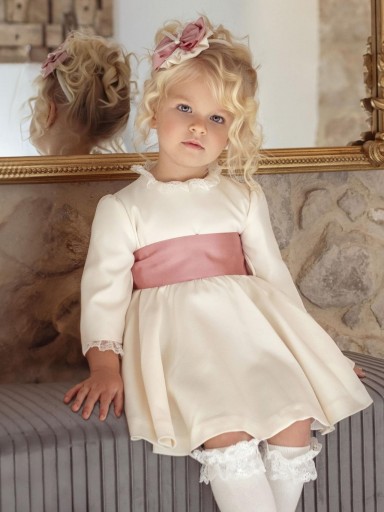 Miranda Vestido Infantil Beig Fajin Rosa Volante encaje Puños Cuello "Deméter" 036/0220/V