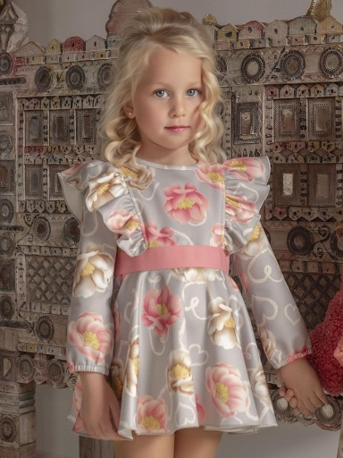 Miranda Vestido Infantil Gris Estampado Flores y Corazones Volante Hombros "Persefone" 036/0241/V