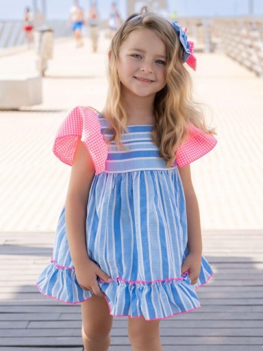 Miranda vestido Infantil Rayas Azul Volante Cuadro Rosa Fluor "Flor de Loto" 0617/V [1]