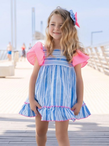 Miranda vestido Infantil Rayas Azul Volante Cuadro Rosa Fluor "Flor de Loto" 0617/V [2]