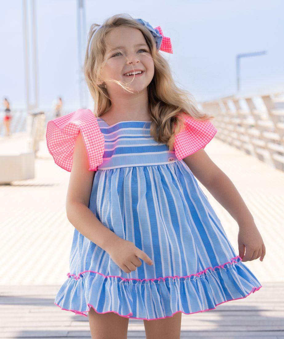 Miranda vestido Infantil Rayas Azul Volante Cuadro Rosa Fluor "Flor de Loto" 0617/V