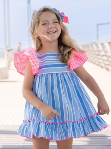 Miranda vestido Infantil Rayas Azul Volante Cuadro Rosa Fluor "Flor de Loto" 0617/V [0]