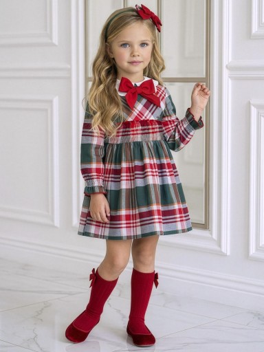 Miranda Vestido Infantil Cuadros Escoceses Verde Cuello Blanco Lazada Roja "Boo" 0618V [0]