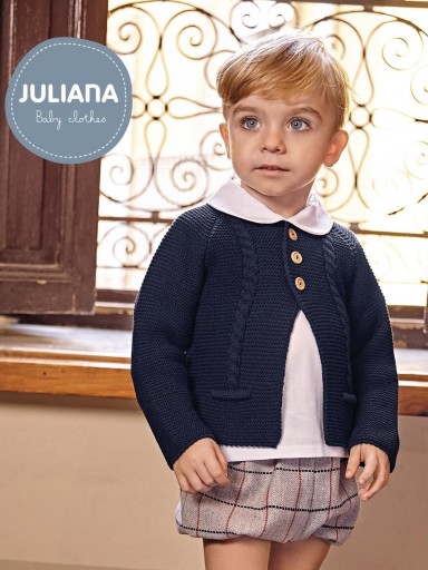 Juliana Vistiendo Bebés Conjunto 3P Chaqueta Niño Punto Marino Trenzas Camisa Pantalón Gris Cuadros J8189