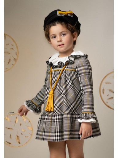 Basmarti Vestido Infantil Evasé Cuadros Negro Mostaza Puños Cuello Volante La Dama de las Camelias 24531 [0]